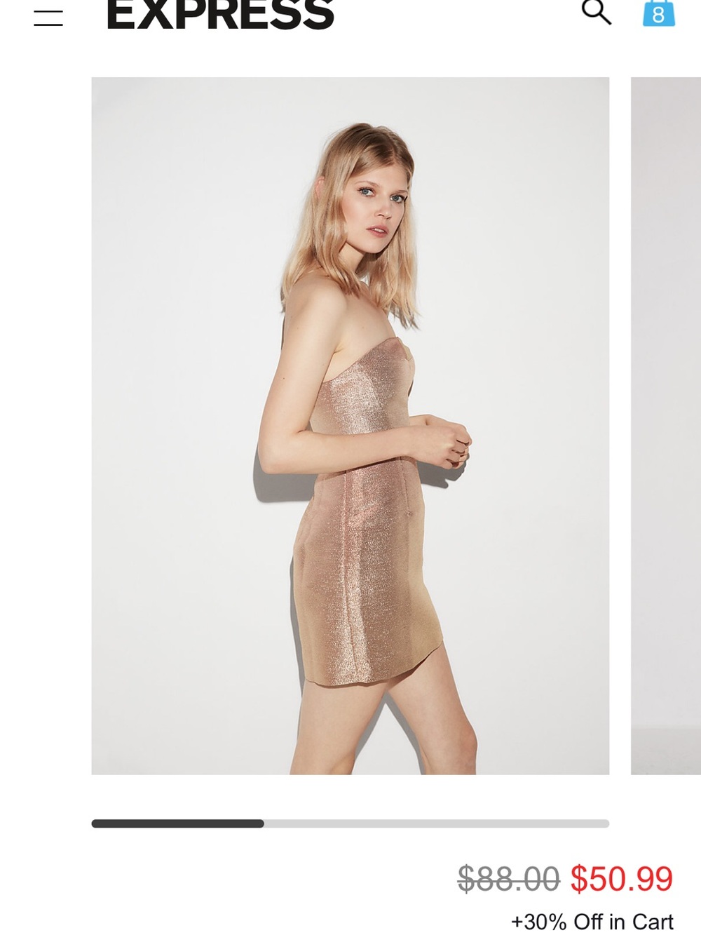 Express Metallic Strapless Mini Dress in Rose Gold